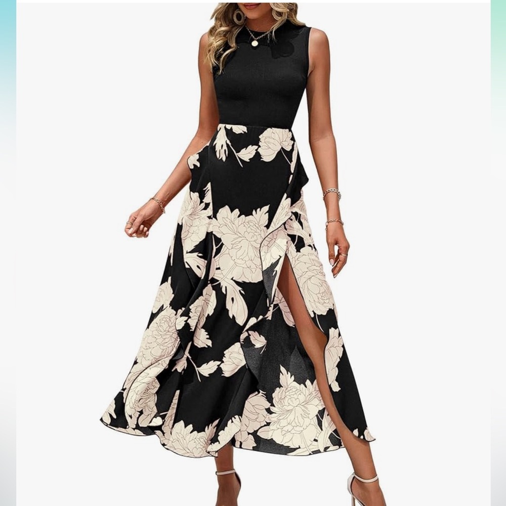 Amazon Black and Cream High Low Floral Dress